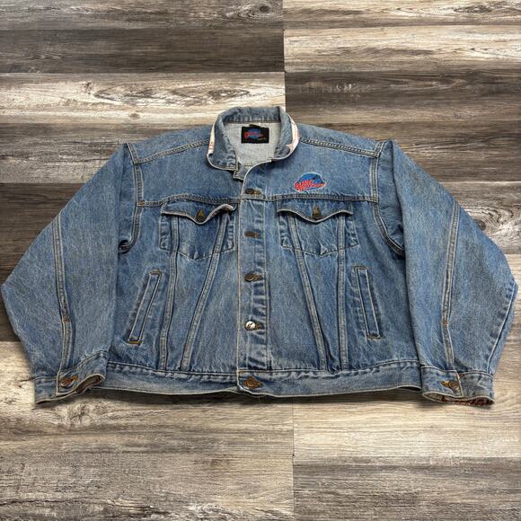 Vintage 90s Planet Hollywood Orlando Blue Mens L Denim Jean Trucker Jacket - Picture 4 of 8